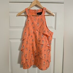Attention Orange coral Top with Bird Design Ruffles Size XL